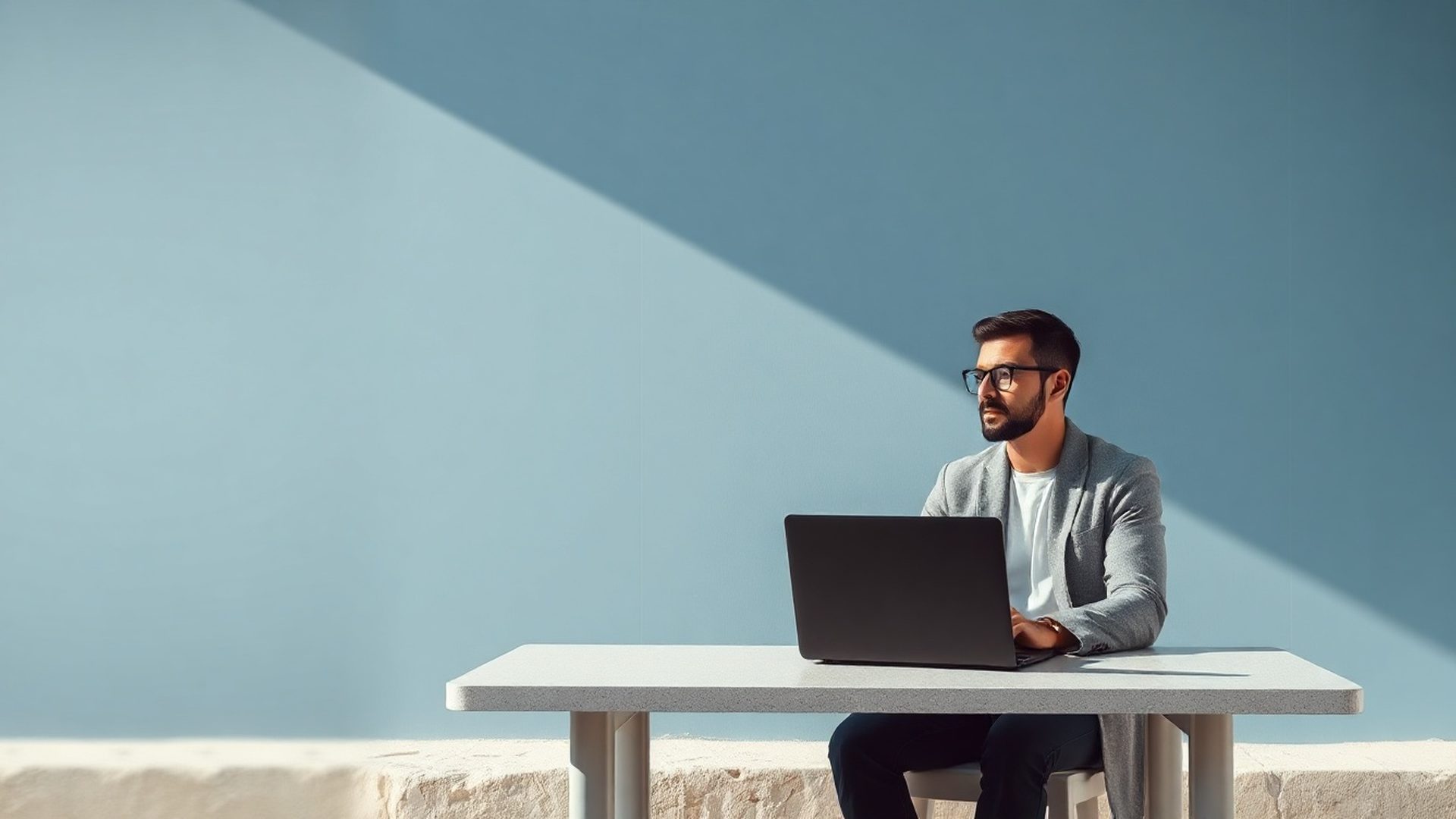 Poduzetnik za minimalnim radnim stolom s laptopom u prirodnom svjetlu